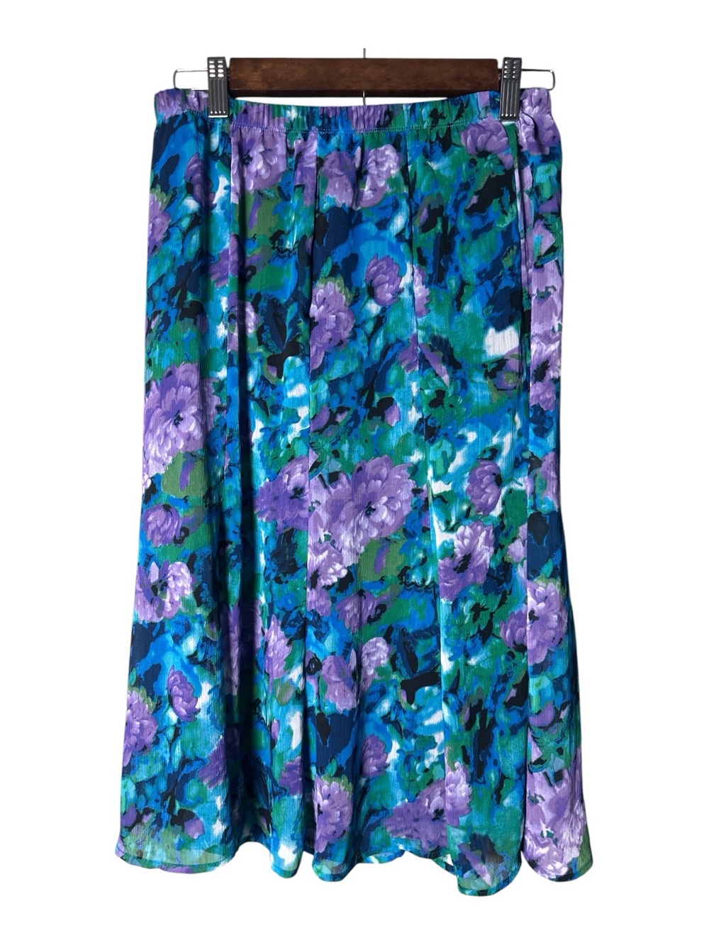 Notations Floral Midi Skirt Size Small Purple Blue Green Elastic Waist Boho